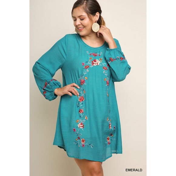 umgee Floral Embroidered Dress, Emerald - Picture 2 of 4